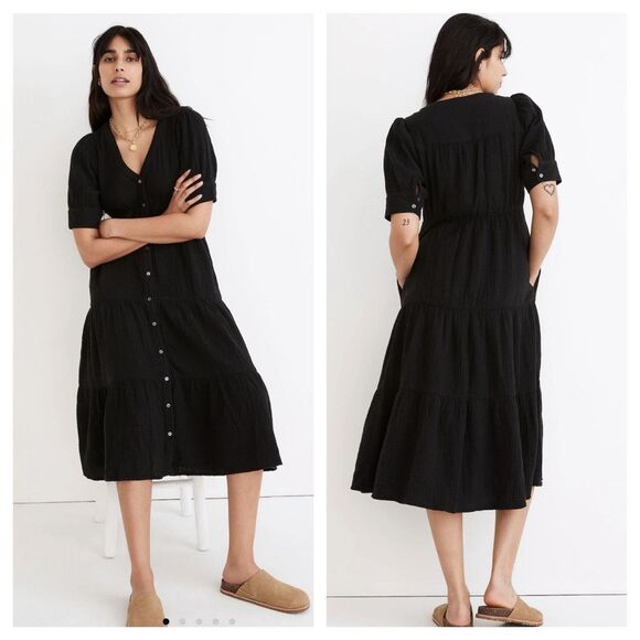Madewell‎ Lightspun Button-Front Tiered Midi Dress Size 12 black gauze muslin - Picture 1 of 10